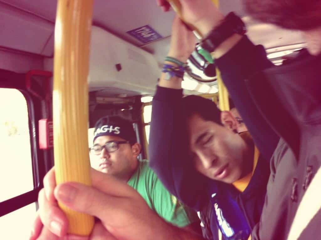 Pontau pilgrims traveling — standing room only by bus!