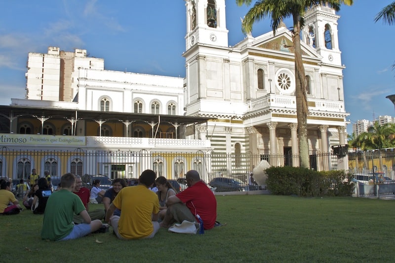 In Belem, MAGIS circles (small group reflections) meeting in front of the Basilica of Our Lady of Nazareth