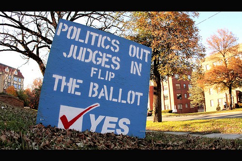 Politics Out. Judges In. Courtesy Flickr user Phil Roeder.